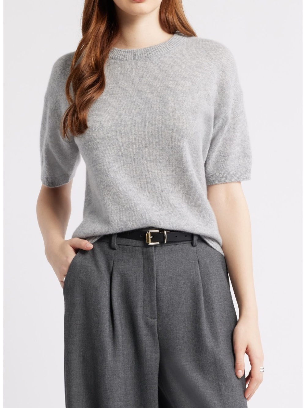 Nordstrom Gray Short-Sleeve 100% Cashmere Crewneck (MSRP $129)